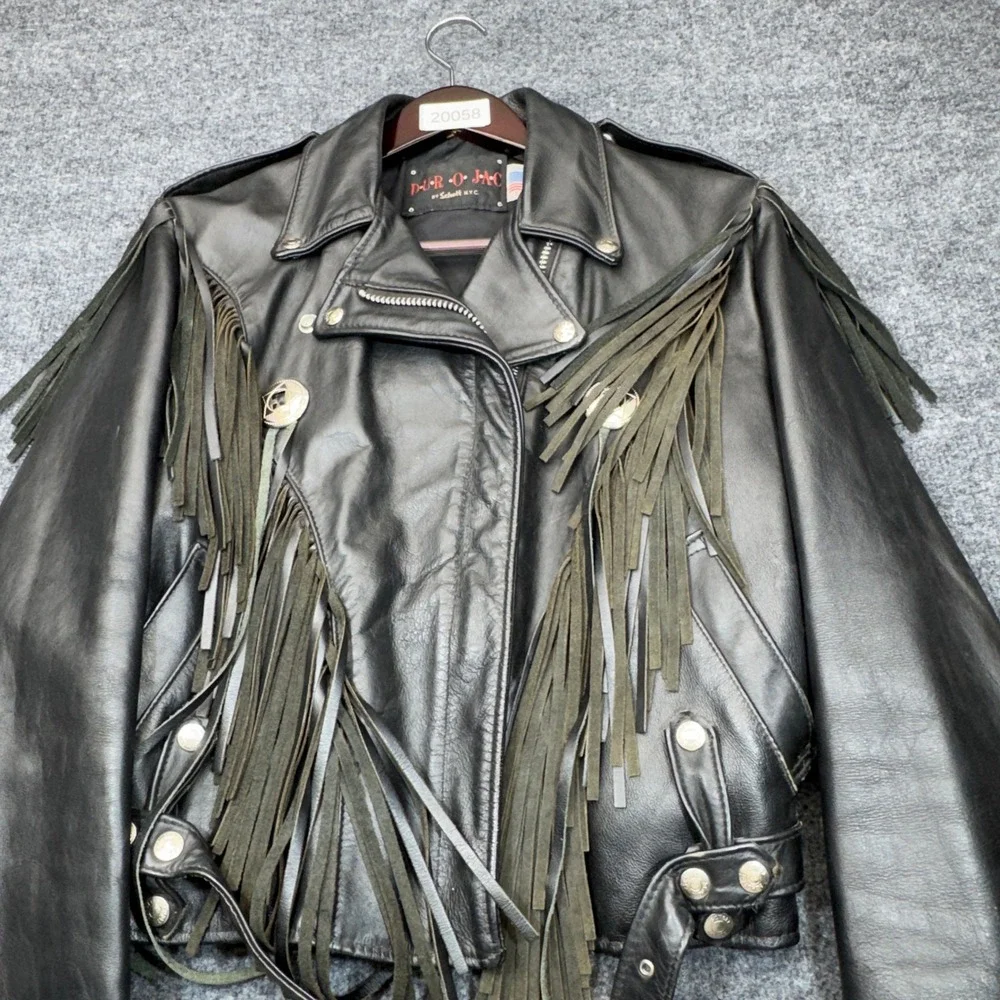 Vintage Schott NYC Duro Jac Jacket Womens 14 Black Leather Fringe Concho Biker
